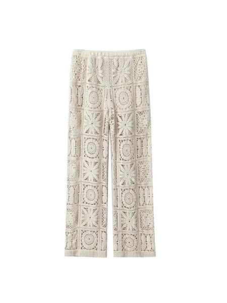 Laysha Crochet Holiday Coord - Resortwear In Beige - flat-lay product shot of the crochet trousers - Miss Mosa By Akanksha