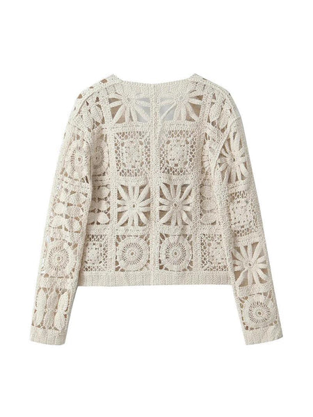 Laysha Crochet Holiday Coord - Resortwear In Beige - flat-lay back shot of the crochet cardigan - Miss Mosa By Akanksha