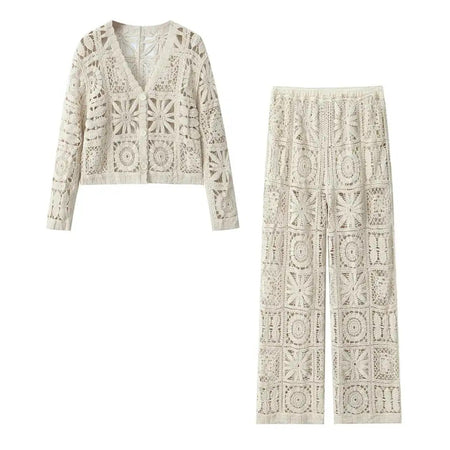 Laysha Crochet Holiday Coord - Resortwear In Beige - flat-lay product shot of the crochet coord set - Miss Mosa By Akanksha