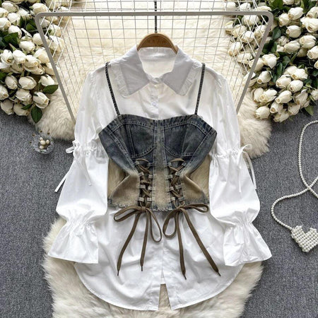 Lea Luxury Corset Top with Shirt - styled flat-lay shot, white - Miss Mosa By Akanksha