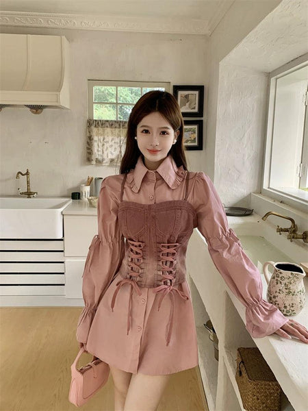 Lea Luxury Corset Top with Shirt - front shot on model, pink - Miss Mosa By Akanksha