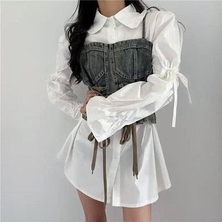 Lea Luxury Corset Top with Shirt - front shot on model, white - Miss Mosa By Akanksha