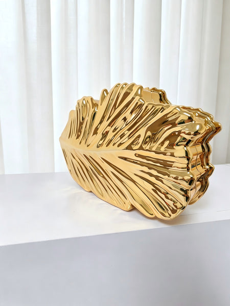 Leaf Clutch Bag With Chain - angled product shot, gold - Miss Mosa By Akanksha