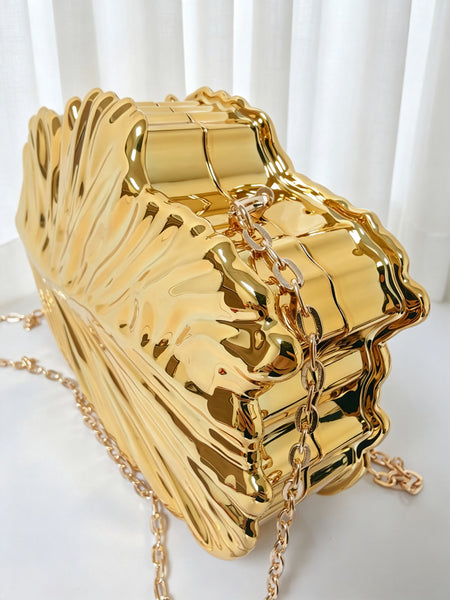 Leaf Clutch Bag With Chain - angled top product shot with chain, gold - Miss Mosa By Akanksha