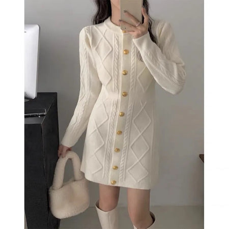 Leah Premium Woolen Knitted Short Dress - front shot on model in mirror, white - Miss Mosa By Akanksha