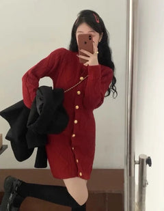 Leah Premium Woolen Knitted Short Dress - front shot on model in mirror, red - Miss Mosa By Akanksha