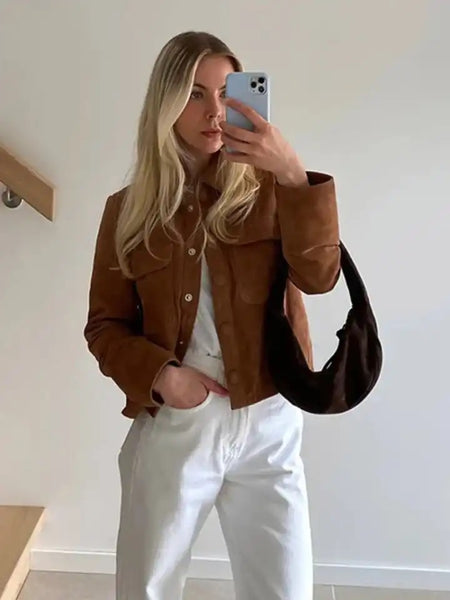 Leah Vintage Suede Short Coat in Brown - styling shot on model mirror selfie - Miss Mosa By Akanksha