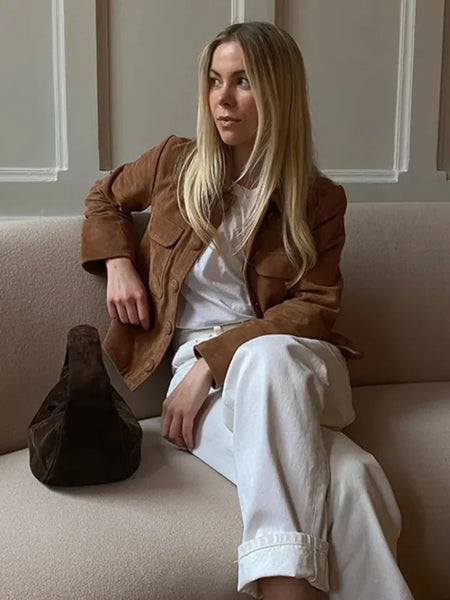 Leah Vintage Suede Short Coat in Brown - styling shot on model seated - Miss Mosa By Akanksha