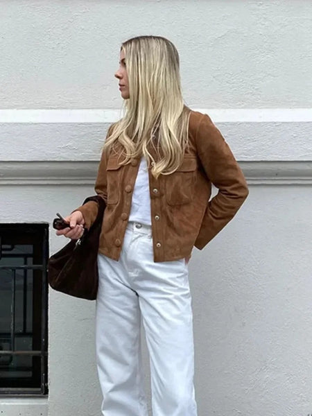 Leah Vintage Suede Short Coat in Brown - side shot on model outdoors - Miss Mosa By Akanksha