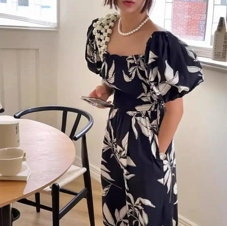 Lebina Statement Holiday Jumpsuit - front shot on model, black and white - Miss Mosa By Akanksha