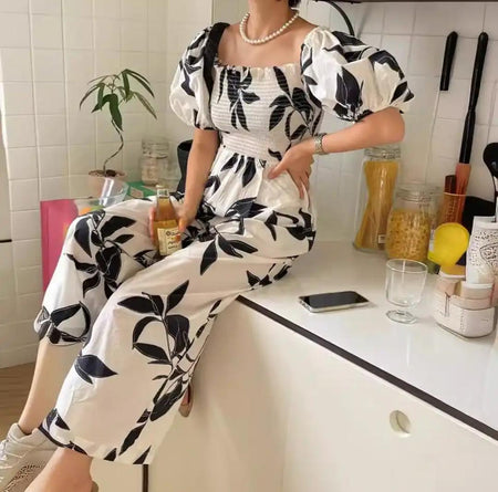 Lebina Statement Holiday Jumpsuit - front shot on model, white and navy - Miss Mosa By Akanksha