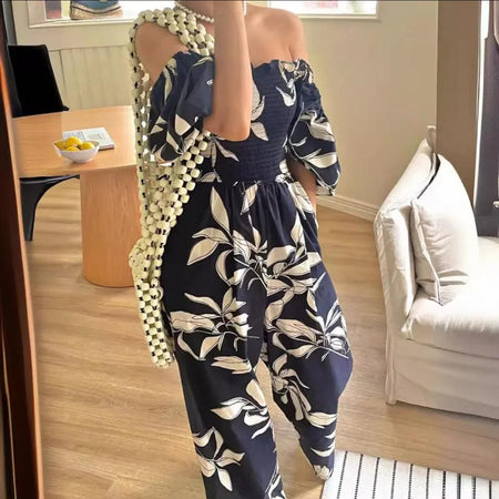 Lebina Statement Holiday Jumpsuit - front shot on model, navy and white - Miss Mosa By Akanksha