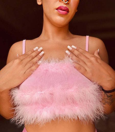 Leena Statement Coord Set In Pink - close-up of feather top, pink - Miss Mosa By Akanksha