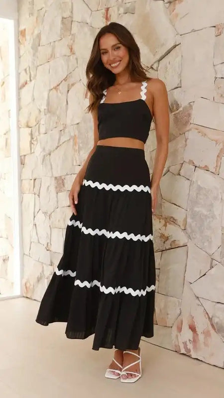 Leh Summer Set of Top with Skirt - front shot on model, black - Miss Mosa By Akanksha