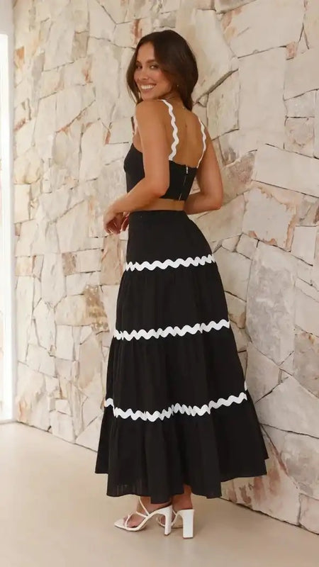 Leh Summer Set of Top with Skirt - back shot on model, black - Miss Mosa By Akanksha