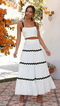 Leh Summer Set of Top with Skirt - front shot on model, white - Miss Mosa By Akanksha