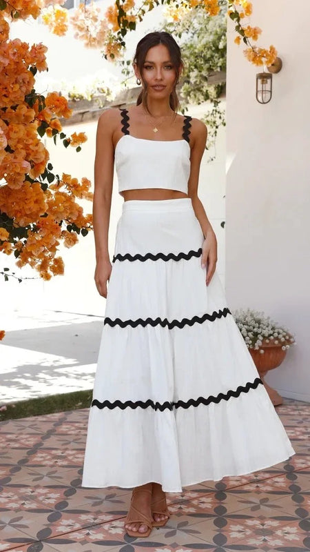 Leh Summer Set of Top with Skirt - front shot on model, white - Miss Mosa By Akanksha