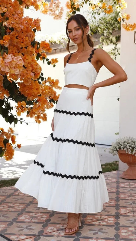 Leh Summer Set of Top with Skirt - front shot on model, white - Miss Mosa By Akanksha