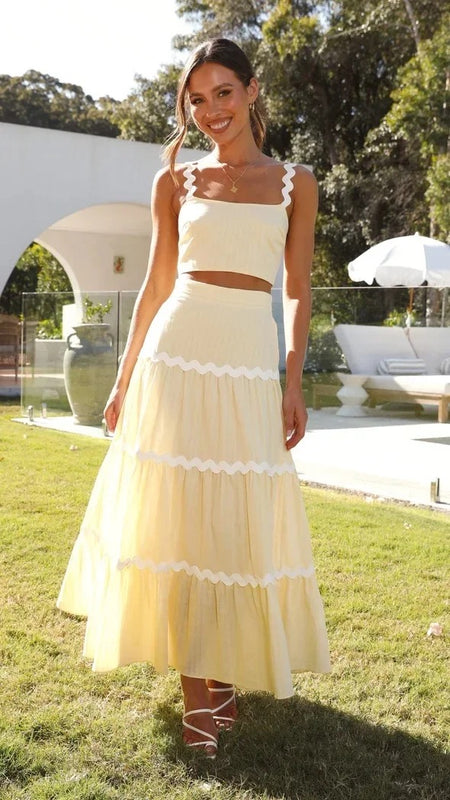 Leh Summer Set of Top with Skirt - front shot on model, yellow - Miss Mosa By Akanksha