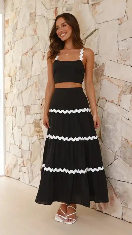 Leh Summer Set of Top with Skirt - front shot on model, black - Miss Mosa By Akanksha