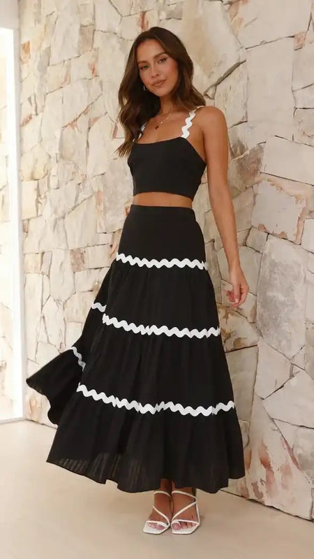 Leh Summer Set of Top with Skirt - front shot on model, black - Miss Mosa By Akanksha