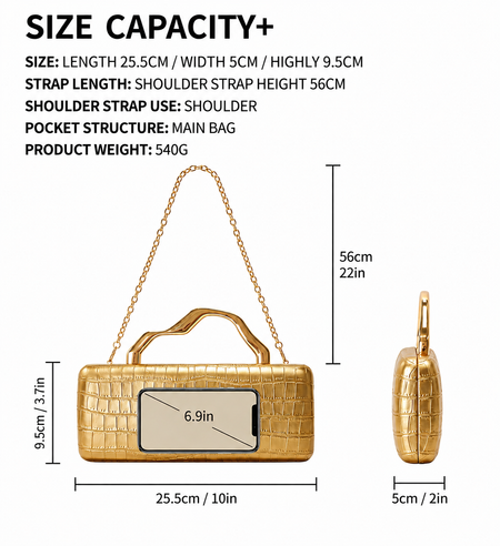 Leif Hand Bag With Chain - size and capacity spec graphic, gold - Miss Mosa By Akanksha