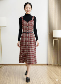 Lelia Set of Top and Dress With Belt - full-length front shot, red plaid - Miss Mosa By Akanksha