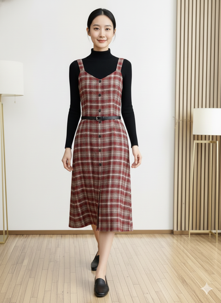 Lelia Set of Top and Dress With Belt - full-length front shot, red plaid - Miss Mosa By Akanksha