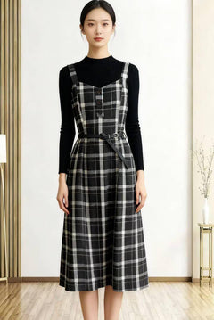 Lelia Set of Top and Dress With Belt - full-length front shot, black and white plaid - Miss Mosa By Akanksha