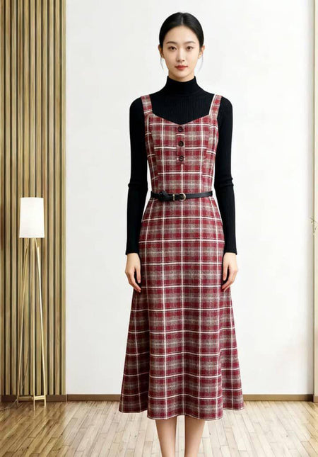 Lelia Set of Top and Dress With Belt - full-length front shot, red plaid - Miss Mosa By Akanksha