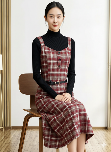 Lelia Set of Top and Dress With Belt - seated shot, red plaid - Miss Mosa By Akanksha