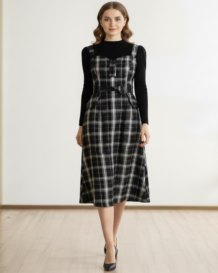 Lelia Set of Top and Dress With Belt - full-length front shot, black and white plaid - Miss Mosa By Akanksha