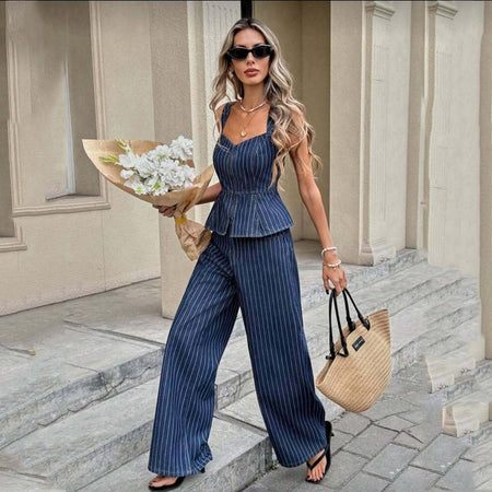 Lelia Stripe Coord Pant Set - full-length front shot, navy blue with white pinstripes - Miss Mosa By Akanksha