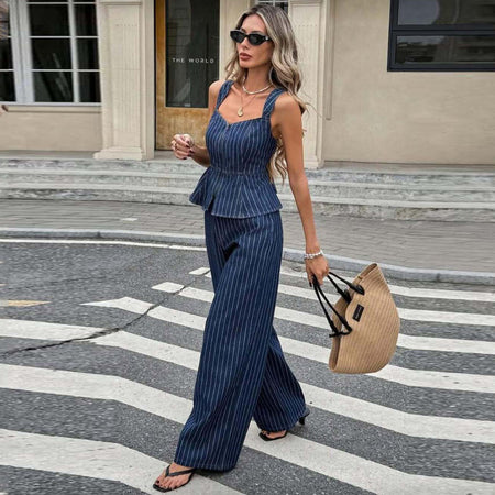 Lelia Stripe Coord Pant Set - full-length side shot, navy blue with white pinstripes - Miss Mosa By Akanksha