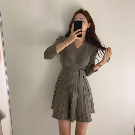 Lelia Winter Mini Dress With Belt - front shot on model, khaki brown - Miss Mosa By Akanksha