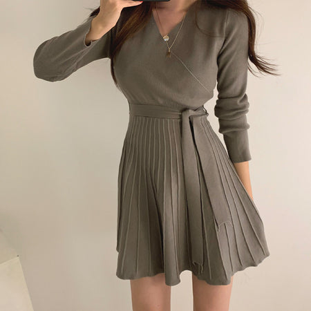 Lelia Winter Mini Dress With Belt - front shot on model, khaki brown - Miss Mosa By Akanksha