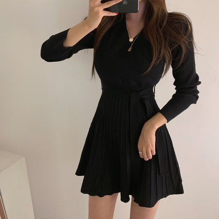 Lelia Winter Mini Dress With Belt - front shot on model, black - Miss Mosa By Akanksha