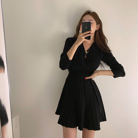 Lelia Winter Mini Dress With Belt - front shot on model, black - Miss Mosa By Akanksha
