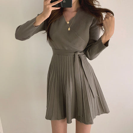 Lelia Winter Mini Dress With Belt - front shot on model, khaki brown - Miss Mosa By Akanksha