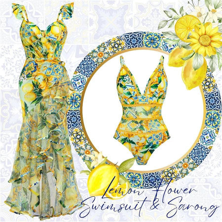 Lemon Spritzer Swimsuit with Ruffled Skirt - styled flat-lay shot, yellow - Miss Mosa By Akanksha