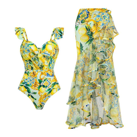 Lemon Spritzer Swimsuit with Ruffled Skirt - styled flat-lay shot, yellow - Miss Mosa By Akanksha