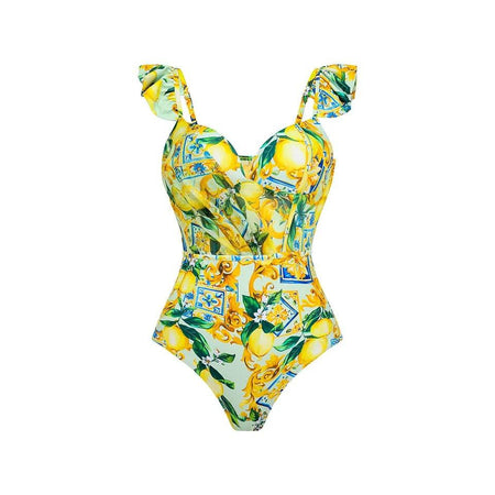 Lemon Spritzer Swimsuit with Ruffled Skirt - flat-lay product shot, yellow - Miss Mosa By Akanksha