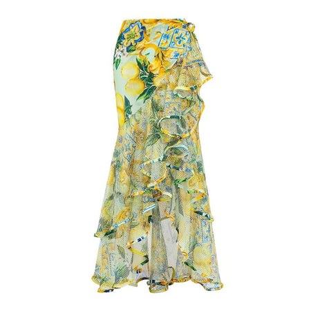 Lemon Spritzer Swimsuit with Ruffled Skirt - flat-lay product shot, yellow - Miss Mosa By Akanksha
