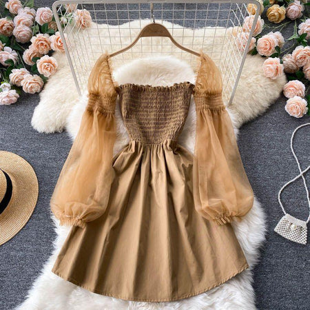 Lena Mesh Sleeve Dress - styled flat-lay shot, khaki - Miss Mosa By Akanksha