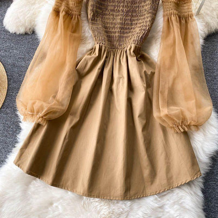 Lena Mesh Sleeve Dress - styled flat-lay shot, khaki - Miss Mosa By Akanksha