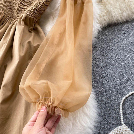 Lena Mesh Sleeve Dress - close-up of mesh sleeve, khaki - Miss Mosa By Akanksha