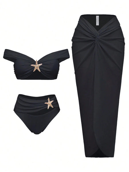Leoine 2 Pcs Cutout Swimsuit With Skirt - flat-lay shot, black - Miss Mosa By Akanksha