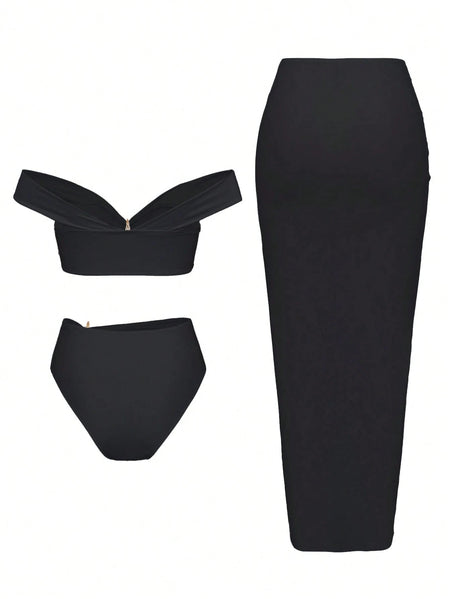 Leoine 2 Pcs Cutout Swimsuit With Skirt - flat-lay shot, black - Miss Mosa By Akanksha