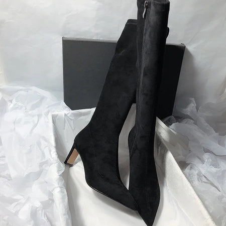 Leona Over Knee Premium Suede Boots - side flat-lay shot with box, black - Miss Mosa By Akanksha