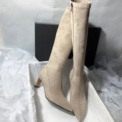 Leona Over Knee Premium Suede Boots - side flat-lay shot with box, beige - Miss Mosa By Akanksha